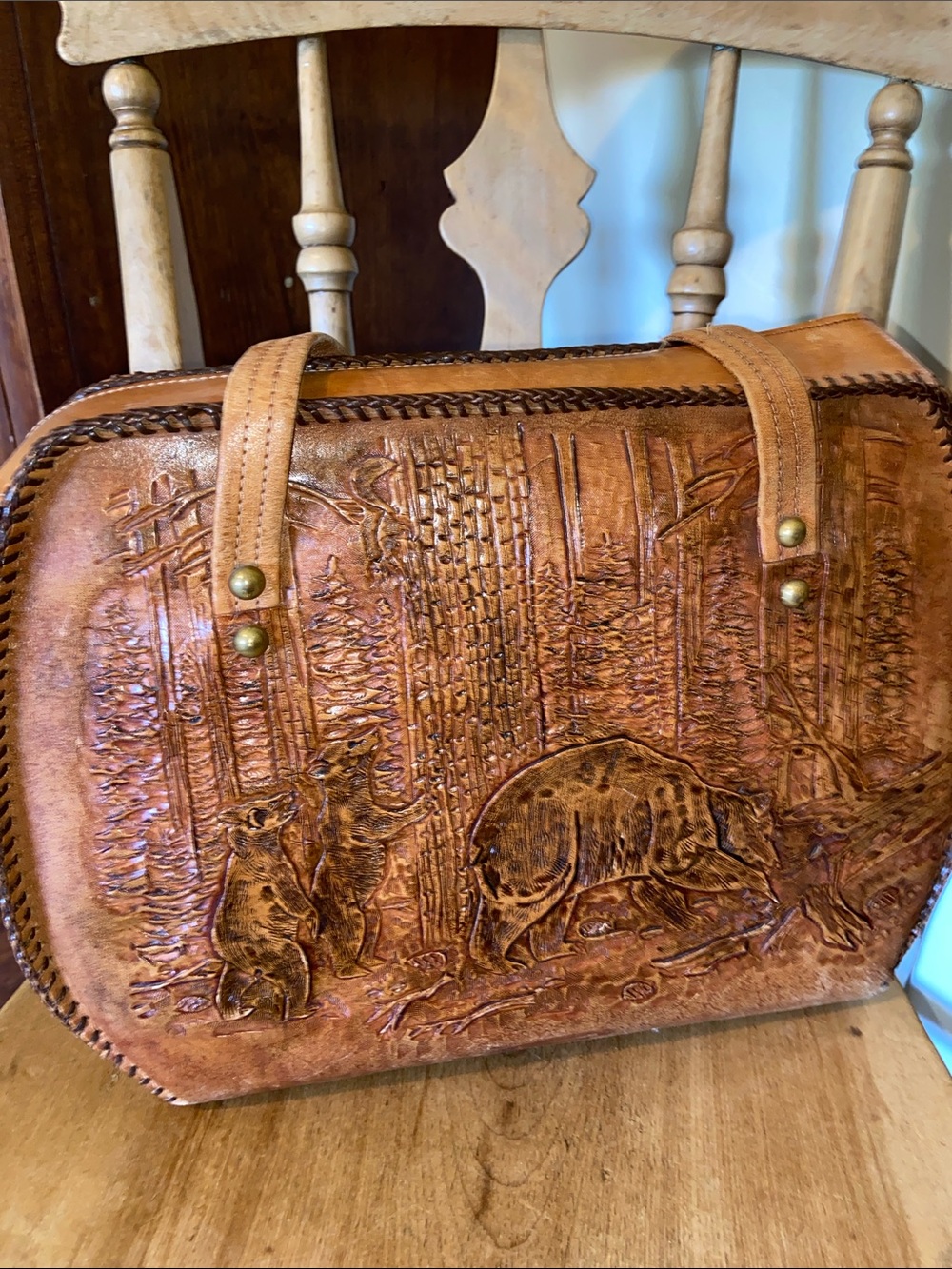 Vintage 60s 70s Hand Tooled Leather Purse Deer Bear Woodland Wildlife Western